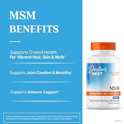 Doctor's Best MSM Kapseln – 3000 mg pro Portion, unterstützt Haar, Haut, Nägel und Gelenke, mit OptiMSM, glutenfrei, Non-GMO – 180 Kapseln