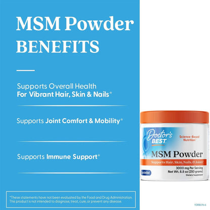 Doctor's Best MSM Pulver – Nahrungsergänzungsmittel für Männer & Frauen – Unterstützt Haare, Haut, Nägel, Gelenkgesundheit & Beweglichkeit – Liefert wertvollen Schwefel mit OptiMSM – Glutenfrei, Sojafrei, Nicht GVO, Vegan – 250 g