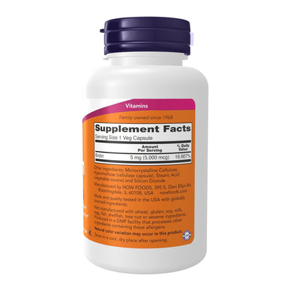 NOW Foods Biotin 5.000 mcg – 120 vegane Kapseln für Energiestoffwechsel & Aminosäurestoffwechsel