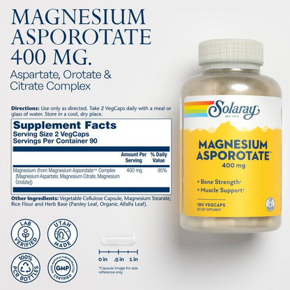 SOLARAY Magnesium Asporotat 400 mg | Aspartat, Orotat & Citrat Komplex | Unterstützt gesundes Herz, Muskeln, Nerven & Kreislauf | 180 VegKapseln