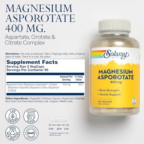 SOLARAY Magnesium Asporotat 400 mg | Aspartat, Orotat & Citrat Komplex | Unterstützt gesundes Herz, Muskeln, Nerven & Kreislauf | 180 VegKapseln