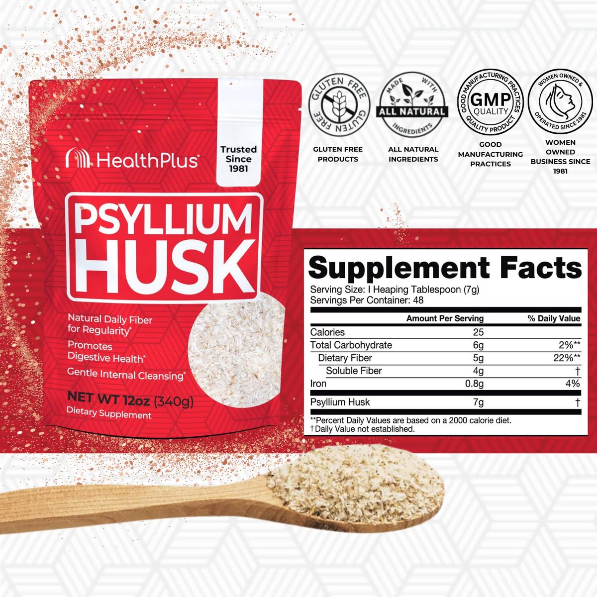 Health Plus Flohsamenschalen, 340 g (12 oz), 48 Portionen – Natürliche Darmreinigung, tägliches Ballaststoffpräparat, Verstopfungslinderung, sanfte Darmkur, keto-geeignet zum Backen