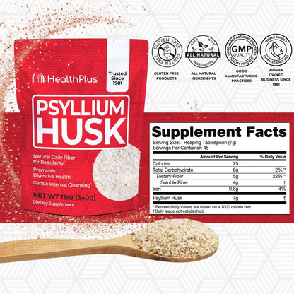Health Plus Flohsamenschalen, 340 g (12 oz), 48 Portionen – Natürliche Darmreinigung, tägliches Ballaststoffpräparat, Verstopfungslinderung, sanfte Darmkur, keto-geeignet zum Backen