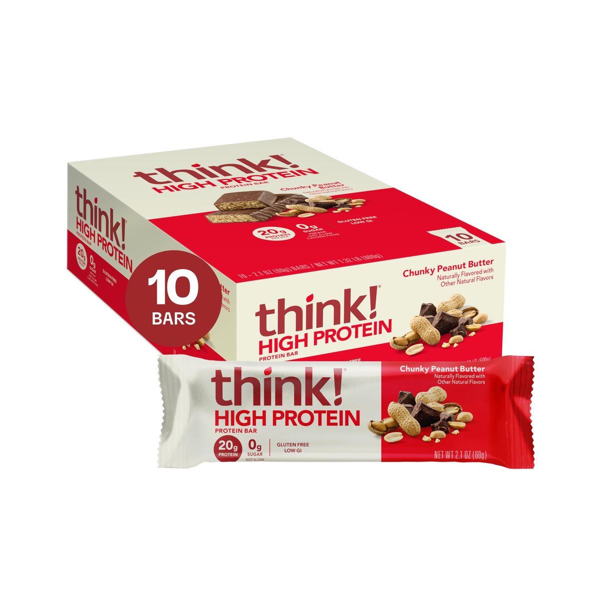 think! Protein Riegel, High Protein Snack, Glutenfrei, Koscher, Chunky Peanut Butter, 2,1 oz pro Riegel, 10er Pack (Verpackung kann variieren)