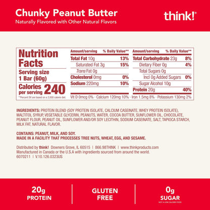 think! Protein Riegel, High Protein Snack, Glutenfrei, Koscher, Chunky Peanut Butter, 2,1 oz pro Riegel, 10er Pack (Verpackung kann variieren)