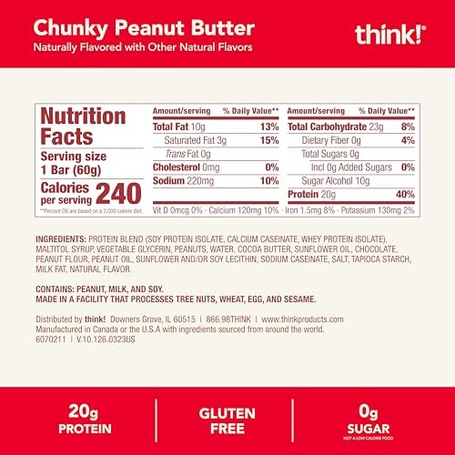 think! Protein Riegel, High Protein Snack, Glutenfrei, Koscher, Chunky Peanut Butter, 2,1 oz pro Riegel, 10er Pack (Verpackung kann variieren)
