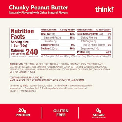 think! Protein Riegel, High Protein Snack, Glutenfrei, Koscher, Chunky Peanut Butter, 2,1 oz pro Riegel, 10er Pack (Verpackung kann variieren)