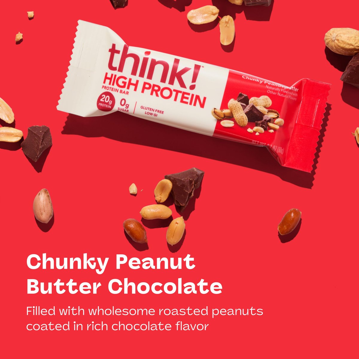 think! Protein Riegel, High Protein Snack, Glutenfrei, Koscher, Chunky Peanut Butter, 2,1 oz pro Riegel, 10er Pack (Verpackung kann variieren)