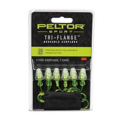 Peltor Sport Tri-Flange Corded Reusable Earplugs, 3 Paar, Geräuschdämmung NRR 26 dB, Bequeme Passform, Ideal für Schießstand, Schießen & Jagd, Waschbar und mit Kordel, Neon Gelb (97317-10C)