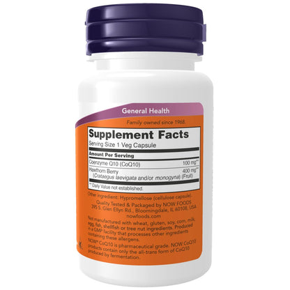 NOW Foods CoQ10 100 mg mit Weißdornbeere – 30 vegane Kapseln, pharmazeutische Qualität, All-Trans-Form durch Fermentation