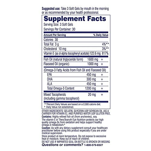 TheraTears Omega-3 Nahrungsergänzungsmittel für die Augengesundheit, 1200mg Fischöl und Bio-Leinöl mit Vitamin E, 180 Kapseln