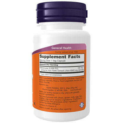 NOW Foods Nattokinase 100 mg – 60 vegane Kapseln mit 2.000 FU Aktivität (aus nicht-GVO Soja)