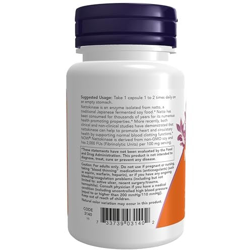 NOW Foods Nattokinase 100 mg – 60 vegane Kapseln mit 2.000 FU Aktivität (aus nicht-GVO Soja)