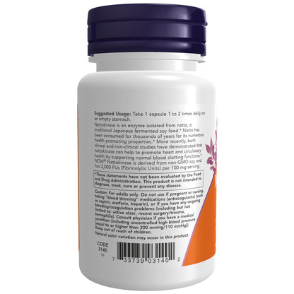 NOW Foods Nattokinase 100 mg – 60 vegane Kapseln mit 2.000 FU Aktivität (aus nicht-GVO Soja)