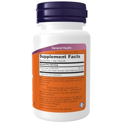 NOW Foods Nattokinase 100 mg – 60 vegane Kapseln mit 2.000 FU Aktivität (aus nicht-GVO Soja)