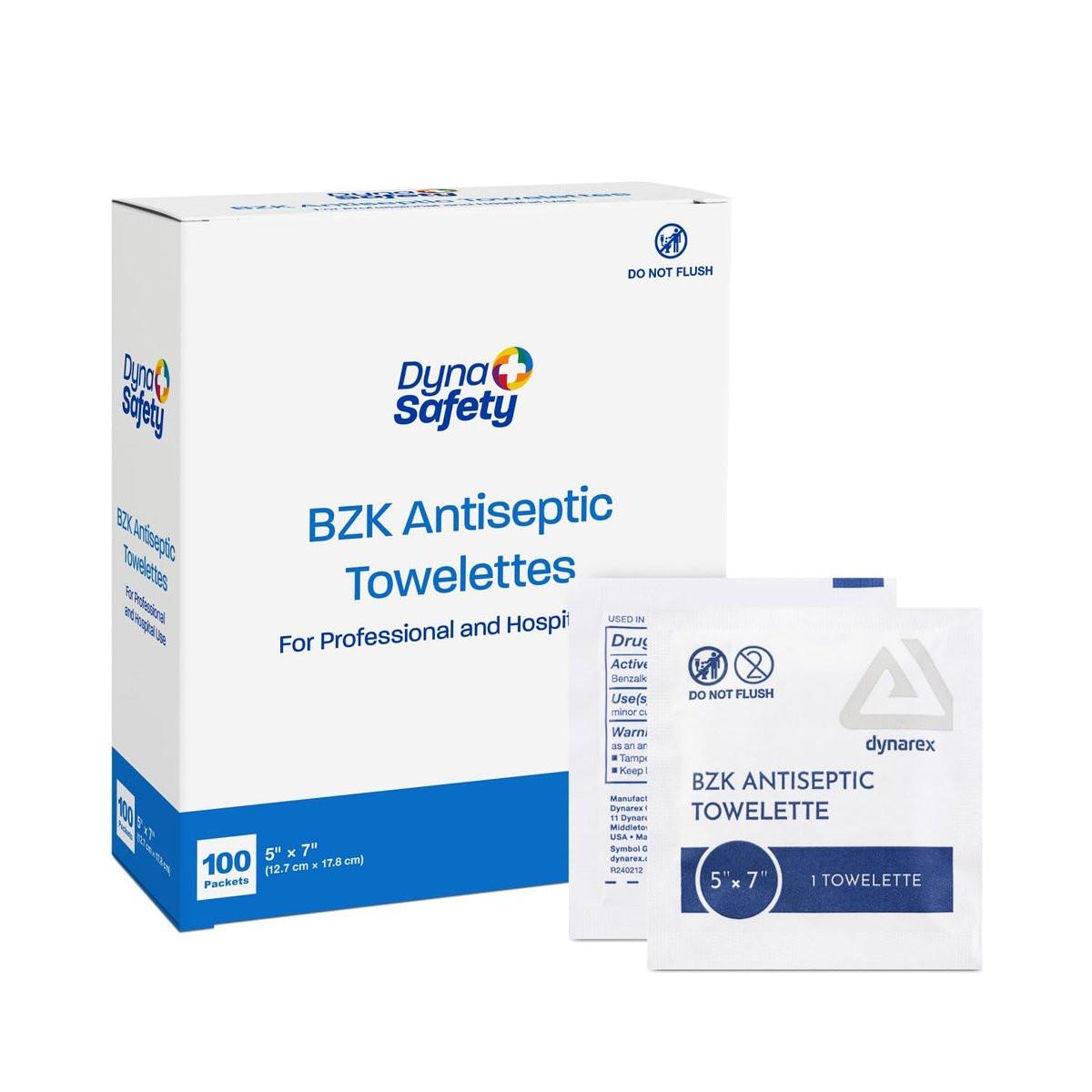 Dynarex DynaSafety BZK Antiseptische Tücher – Steril, Alkohol- und Duftstofffrei, Sanfte Reinigung, Sicher bei kleinen Wunden – 5" x 7" – 100 Stück pro Box