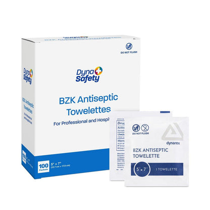 Dynarex DynaSafety BZK Antiseptische Tücher – Steril, Alkohol- und Duftstofffrei, Sanfte Reinigung, Sicher bei kleinen Wunden – 5" x 7" – 100 Stück pro Box