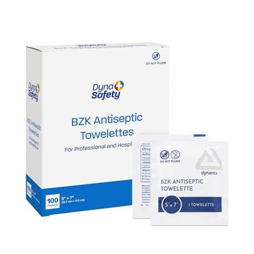 Dynarex DynaSafety BZK Antiseptische Tücher – Steril, Alkohol- und Duftstofffrei, Sanfte Reinigung, Sicher bei kleinen Wunden – 5" x 7" – 100 Stück pro Box