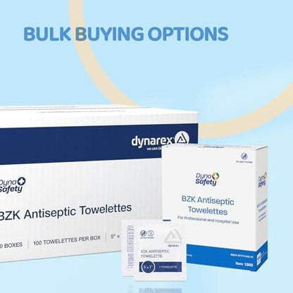 Dynarex DynaSafety BZK Antiseptische Tücher – Steril, Alkohol- und Duftstofffrei, Sanfte Reinigung, Sicher bei kleinen Wunden – 5" x 7" – 100 Stück pro Box