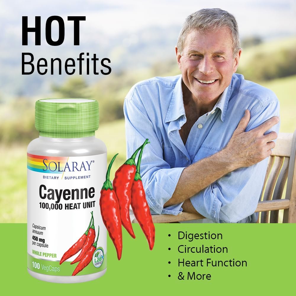 Solaray Cayenne 100.000 Hitzeeinheiten – Cayennepfeffer Kapseln für Männer & Frauen, Capsaicin-Präparat zur Unterstützung der Gesundheit – 100 VegCaps