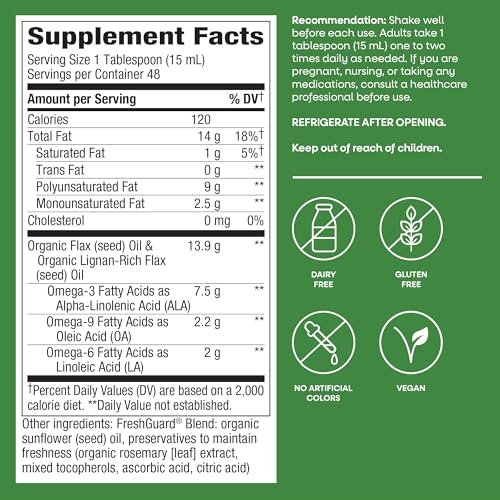 Nature's Way Bio-Leinöl Super Lignan, kaltgepresstes Leinsamenöl mit Omega-3 ALA, unraffiniertes Bio-Leinöl, ungesüßt, 24 Fl Oz