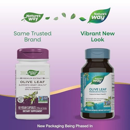 Nature's Way Olivenblatt Premium Extrakt – 20 % Oleuropein, unterstützt die Herzgesundheit*, 250 mg pro Portion, Non-GMO Project verifiziert, 60 vegane Kapseln