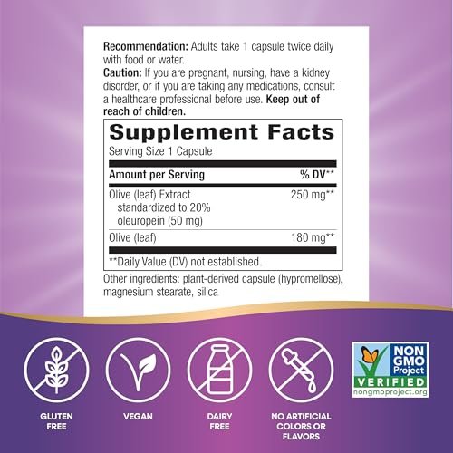 Nature's Way Olivenblatt Premium Extrakt – 20 % Oleuropein, unterstützt die Herzgesundheit*, 250 mg pro Portion, Non-GMO Project verifiziert, 60 vegane Kapseln