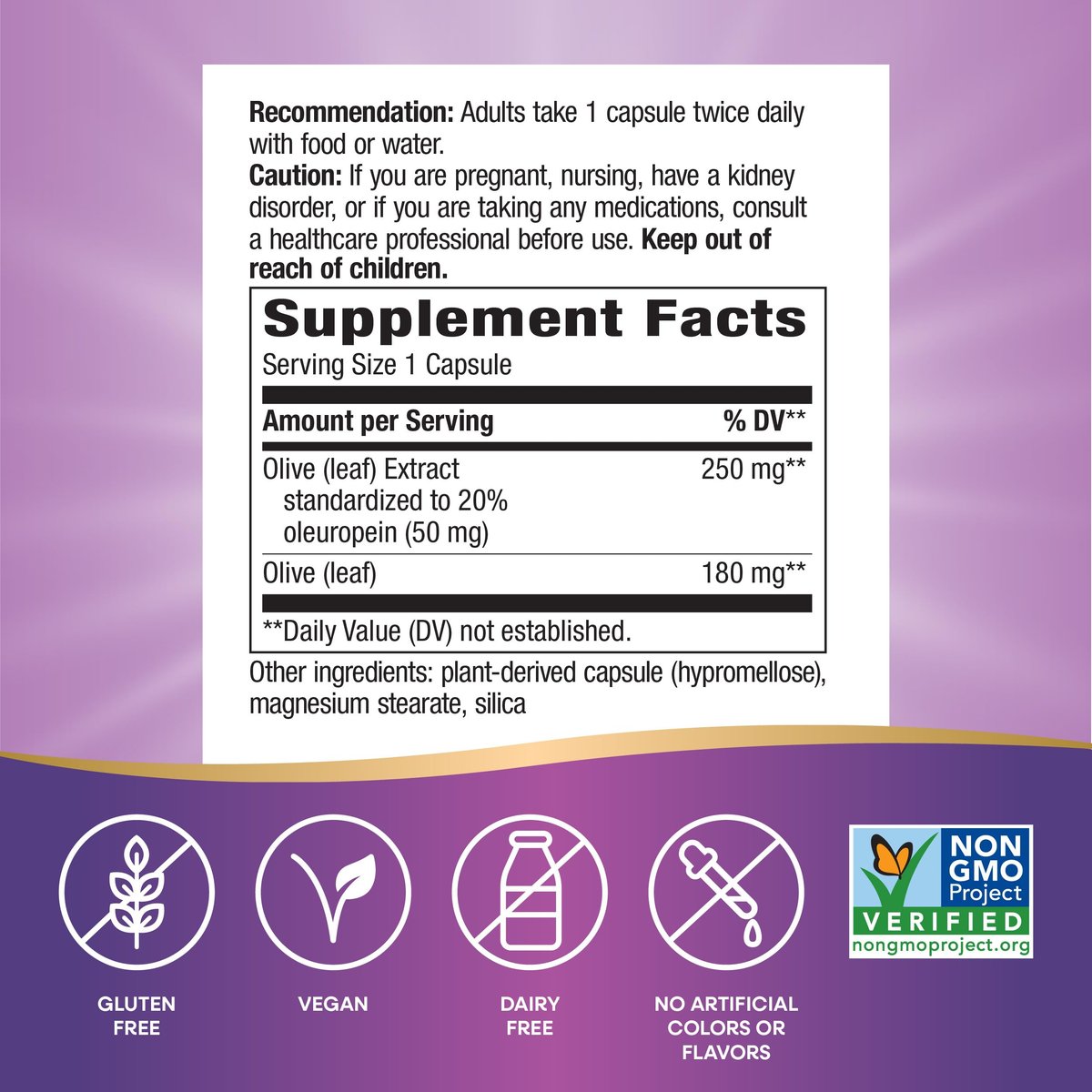 Nature's Way Olivenblatt Premium Extrakt – 20 % Oleuropein, unterstützt die Herzgesundheit*, 250 mg pro Portion, Non-GMO Project verifiziert, 60 vegane Kapseln