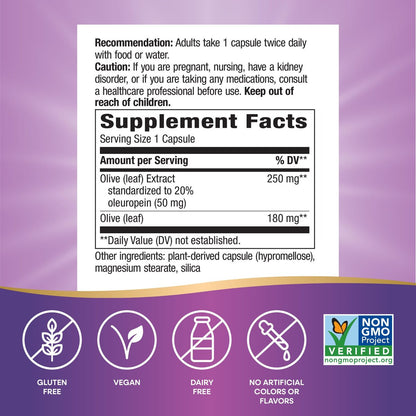 Nature's Way Olivenblatt Premium Extrakt – 20 % Oleuropein, unterstützt die Herzgesundheit*, 250 mg pro Portion, Non-GMO Project verifiziert, 60 vegane Kapseln