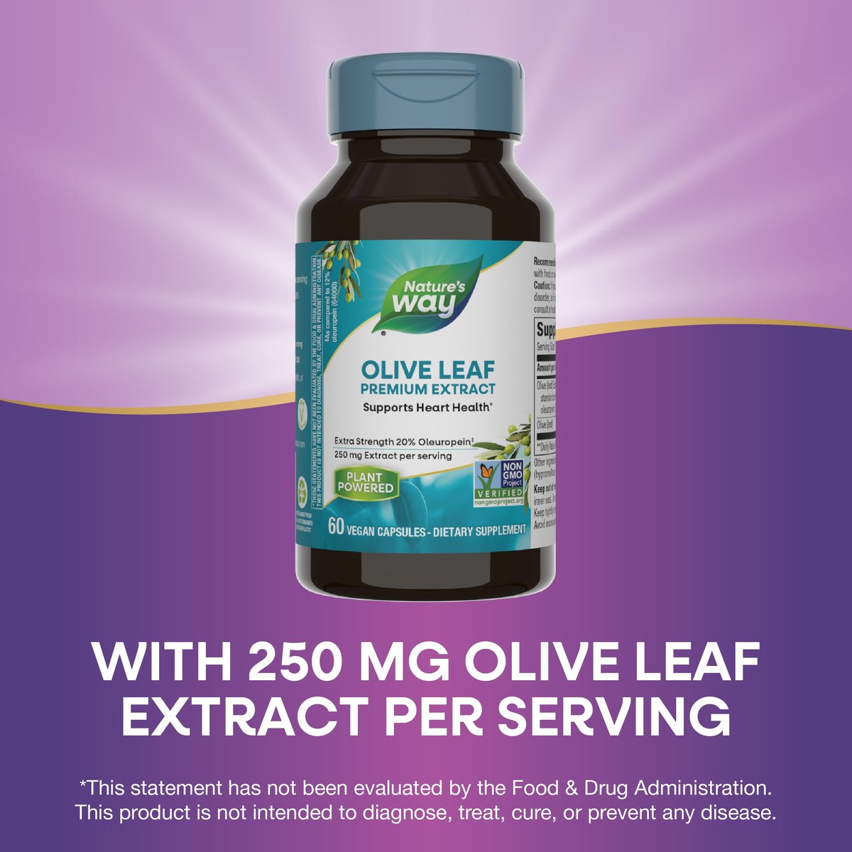 Nature's Way Olivenblatt Premium Extrakt – 20 % Oleuropein, unterstützt die Herzgesundheit*, 250 mg pro Portion, Non-GMO Project verifiziert, 60 vegane Kapseln