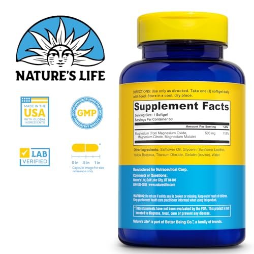 NATURE'S LIFE SoftMag 500 mg – Magnesium-Komplex für Knochen-, Muskel- und Herzgesundheit – Leicht zu schluckende Softgels – 60-Tage-Garantie, 60 Portionen, 60 Stück