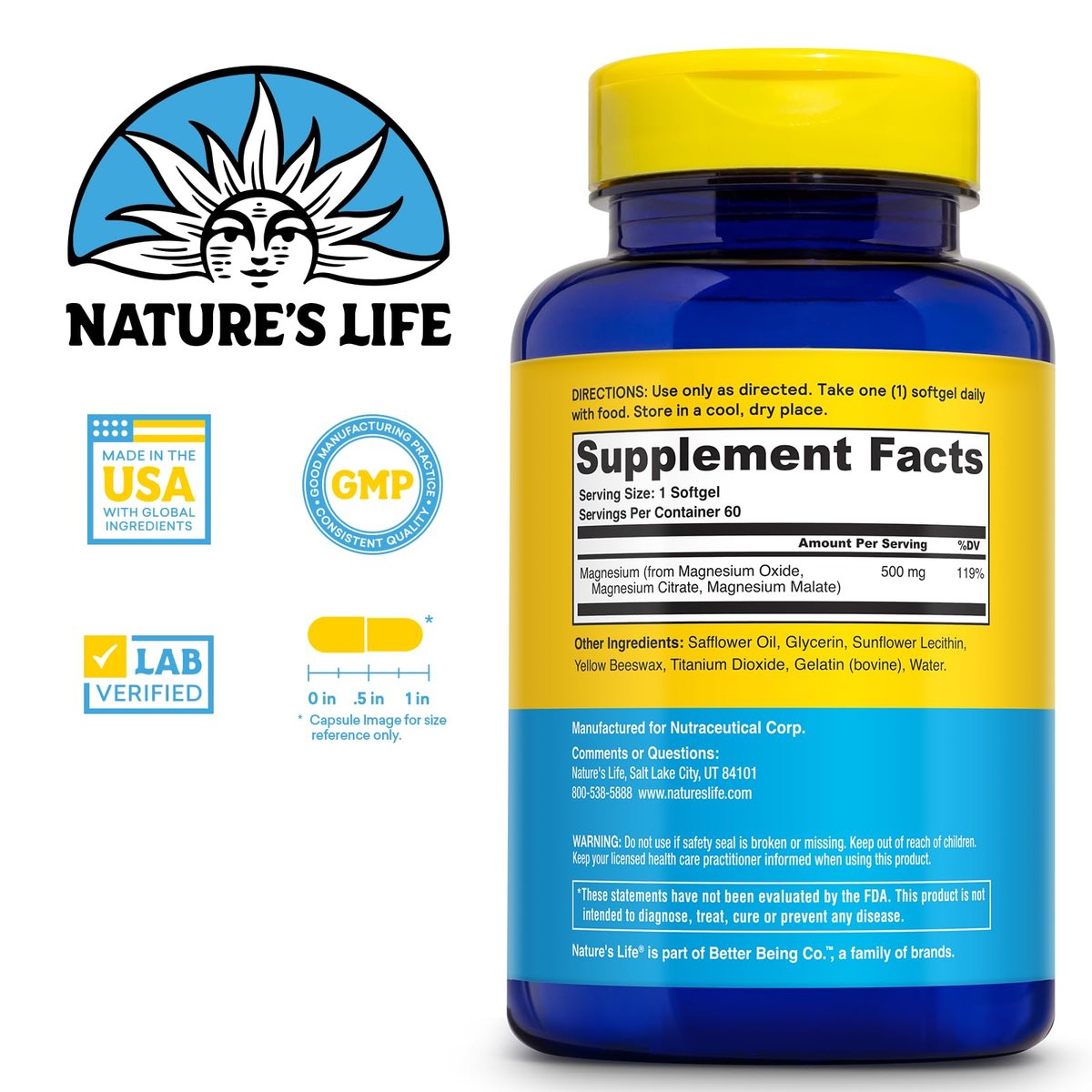 NATURE'S LIFE SoftMag 500 mg – Magnesium-Komplex für Knochen-, Muskel- und Herzgesundheit – Leicht zu schluckende Softgels – 60-Tage-Garantie, 60 Portionen, 60 Stück