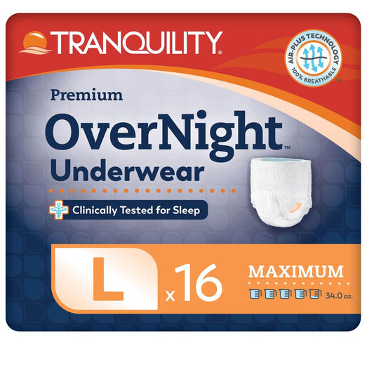 Tranquility Premium OverNight Einweg-Inkontinenzunterhose (16 Stück) - Größe L, 44-54 Zoll Taille - Maximale Saugfähigkeit, Nächtlicher Schutz, Atmungsaktiver Komfort, 16 Erwachseneneinlagen