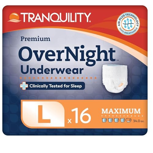Tranquility Premium OverNight Einweg-Inkontinenzunterhose (16 Stück) - Größe L, 44-54 Zoll Taille - Maximale Saugfähigkeit, Nächtlicher Schutz, Atmungsaktiver Komfort, 16 Erwachseneneinlagen