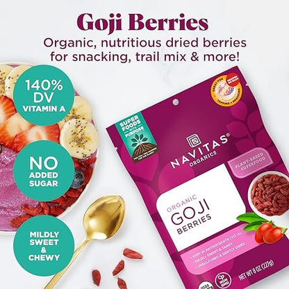 Navitas Organics Goji-Beeren – Für Smoothies, Trail Mix, Backwaren, Haferflocken & mehr – Vitamin A, Antioxidantien, Ballaststoffe – Wolfberry – USDA Bio, Nicht GVO, Glutenfrei, Vegan (450g Beutel, 15 Portionen)