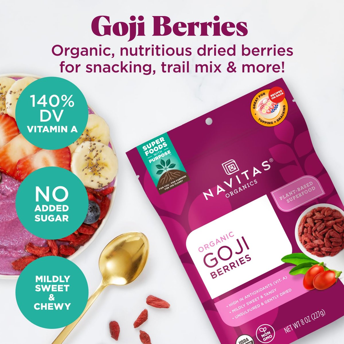 Navitas Organics Goji-Beeren – Für Smoothies, Trail Mix, Backwaren, Haferflocken & mehr – Vitamin A, Antioxidantien, Ballaststoffe – Wolfberry – USDA Bio, Nicht GVO, Glutenfrei, Vegan (450g Beutel, 15 Portionen)