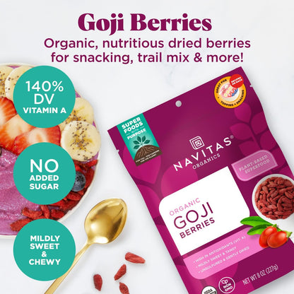 Navitas Organics Goji-Beeren – Für Smoothies, Trail Mix, Backwaren, Haferflocken & mehr – Vitamin A, Antioxidantien, Ballaststoffe – Wolfberry – USDA Bio, Nicht GVO, Glutenfrei, Vegan (450g Beutel, 15 Portionen)