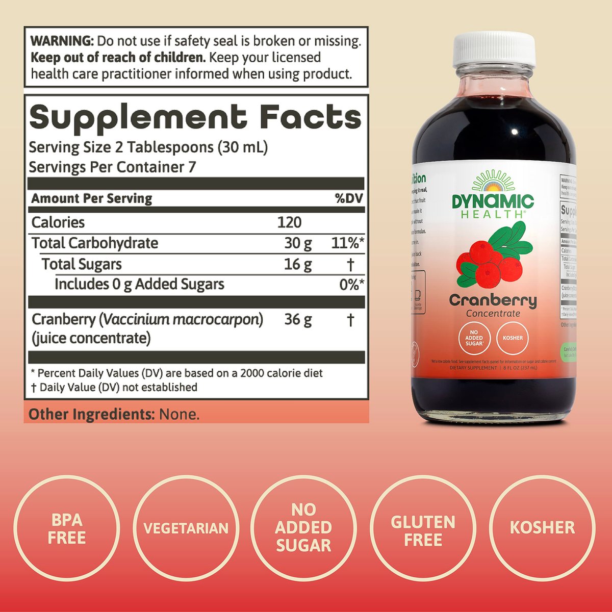 Dynamic Health Pure Cranberry Saft Konzentrat, ungesüßt, natürliche Antioxidantien-Unterstützung, ohne Zuckerzusatz, 237 ml
