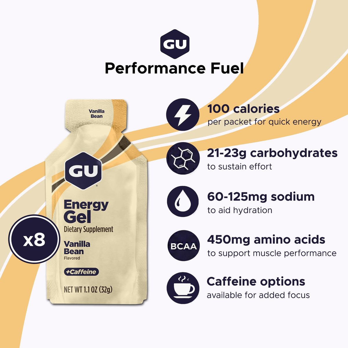 GU Energy Original Sports Nutrition Energy Gel – Vegan & Laktosefrei – Vanille – 8er-Pack (8 x 32 g)