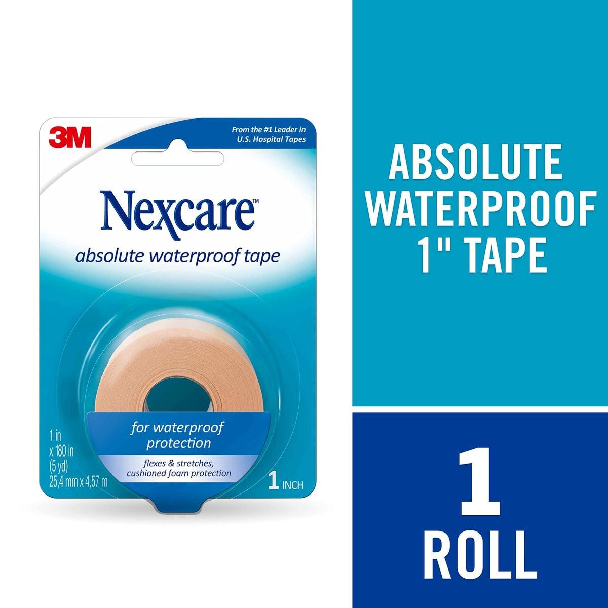 Nexcare Absolute Waterproof Tape – Flexible Schaumstoff-Klebeband für medizinische Verbände, 1 Zoll x 5 Yards, 1 Rolle