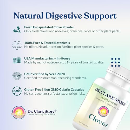 Dr Clark Store Gewürznelken 500 mg – 100 Kapseln für Verdauungskomfort und innere Reinigung, Nicht-GVO & Glutenfrei