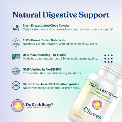 Dr Clark Store Gewürznelken 500 mg – 100 Kapseln für Verdauungskomfort und innere Reinigung, Nicht-GVO & Glutenfrei