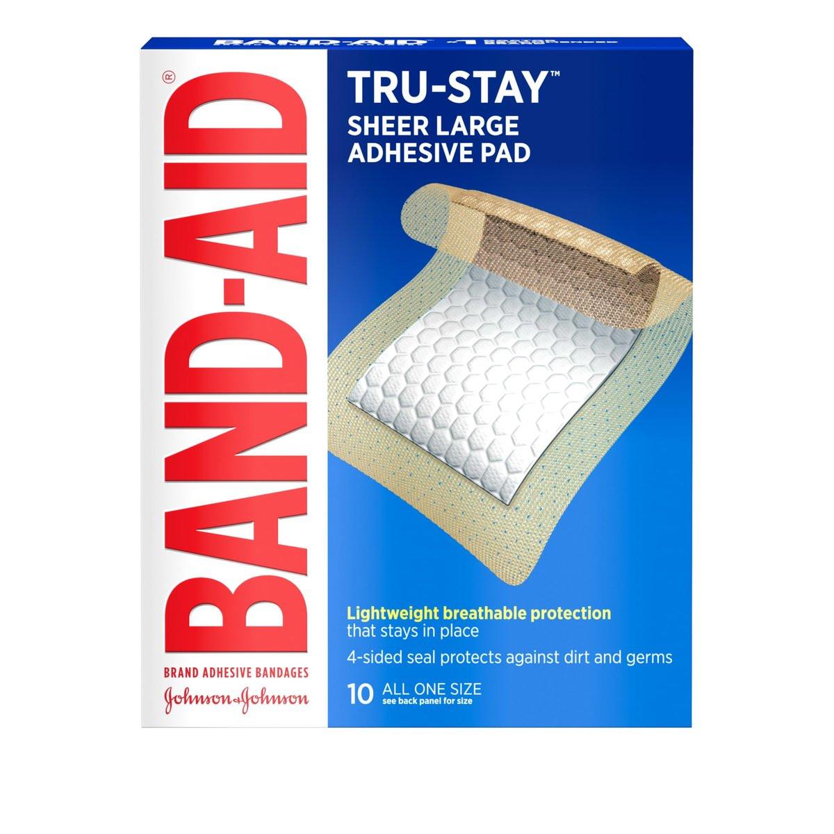 Band-Aid Brand Tru-Stay Haftpflaster, sterile, große, hautfarbene Wundauflagen für die Erste Hilfe, 10 Stück