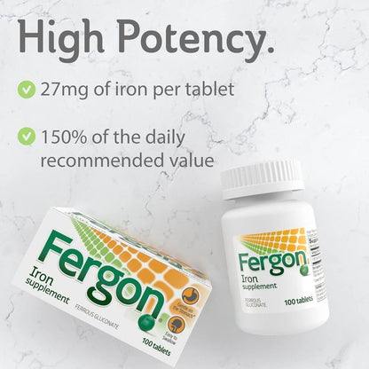 Fergon Hochdosiertes Eisen – 27 mg Eisen pro Tablette, 100 Tabletten – Leicht löslich und gut verträglich