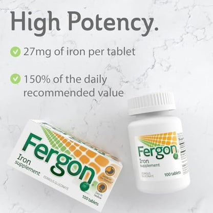 Fergon Hochdosiertes Eisen – 27 mg Eisen pro Tablette, 100 Tabletten – Leicht löslich und gut verträglich