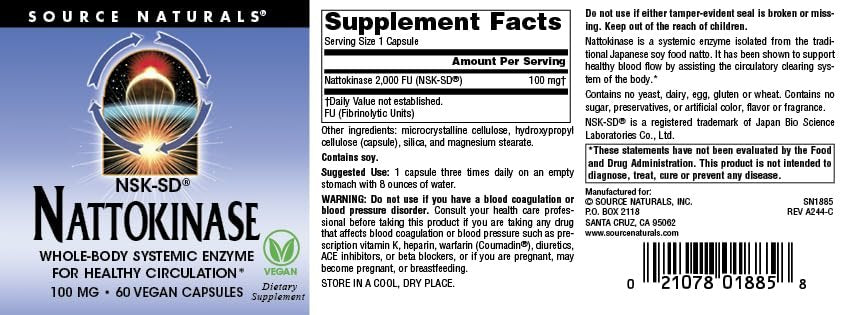 Source Naturals NSK-SD Nattokinase 100 mg – Systemisches Enzym für gesunde Durchblutung* – 60 vegane Kapseln
