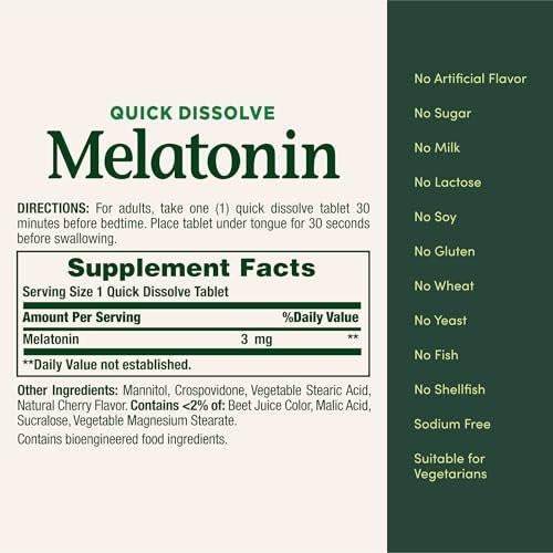 Nature's Bounty Melatonin 3mg Quick Dissolve – Schlafhilfe für Erwachsene, Kirschgeschmack, 240 Tabletten