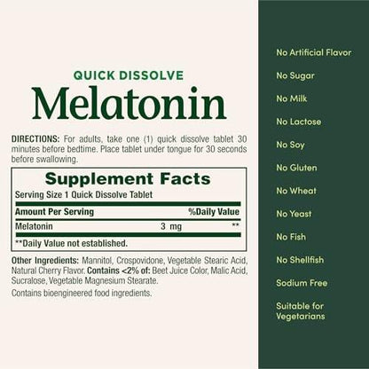 Nature's Bounty Melatonin 3mg Quick Dissolve – Schlafhilfe für Erwachsene, Kirschgeschmack, 240 Tabletten