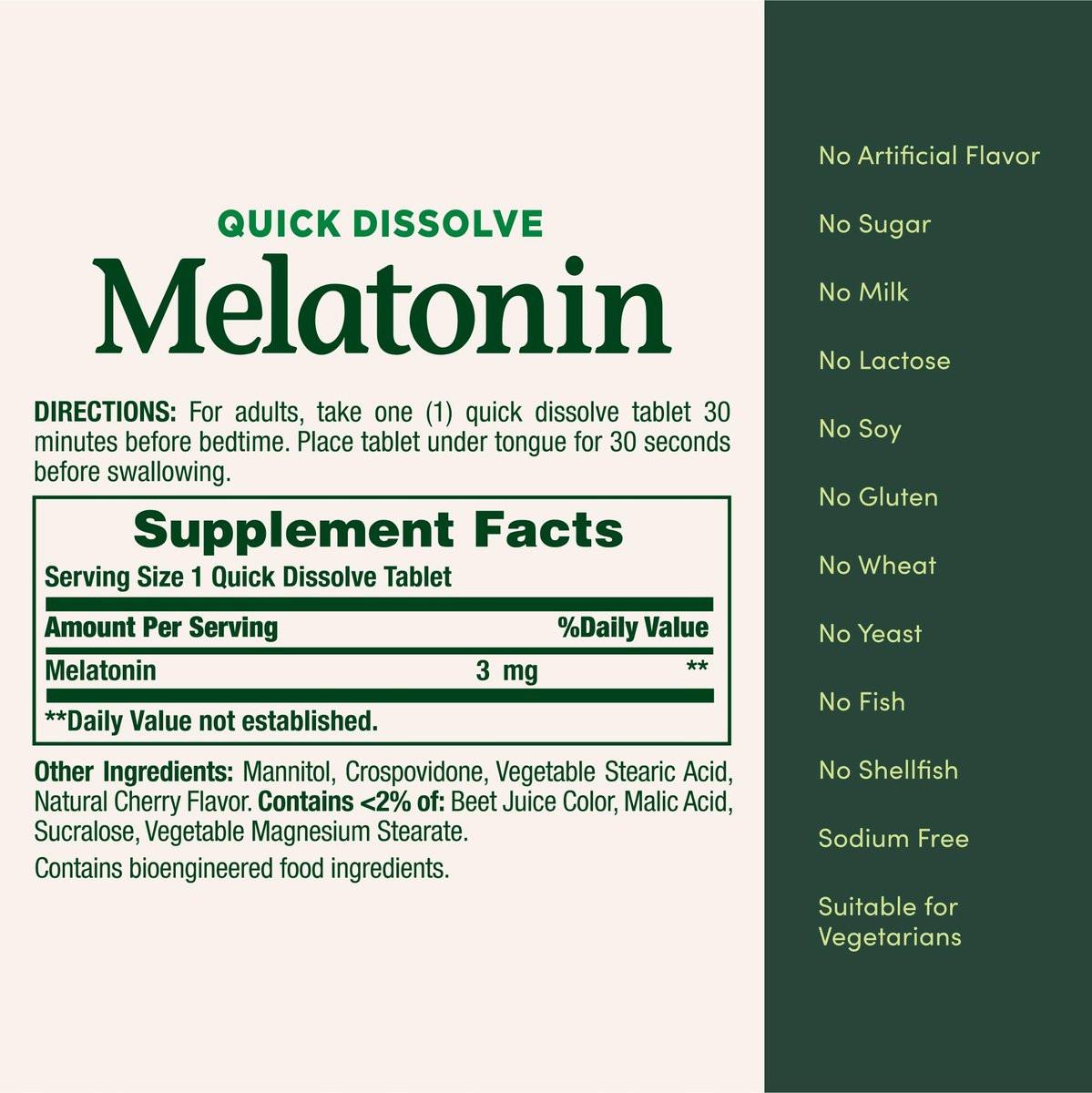 Nature's Bounty Melatonin 3mg Quick Dissolve – Schlafhilfe für Erwachsene, Kirschgeschmack, 240 Tabletten