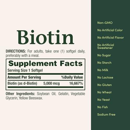 Nature's Bounty Biotin 5000 mcg – 72 Softgels für gesundes Haar, Haut und Nägel sowie Zellenergie